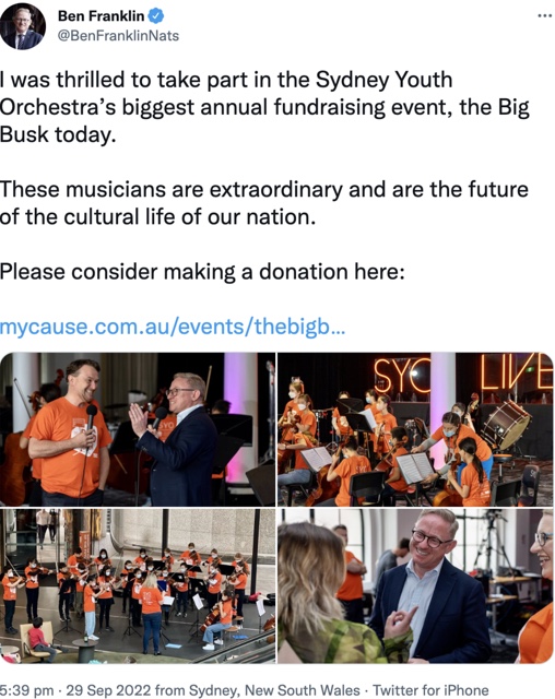 Minister for Arts tweets support of Sydney Youth Orchestra Fundraiser